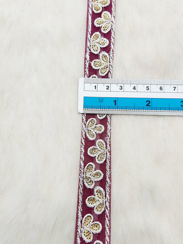 Wholesale Wine Red Net Lace Floral Embroidery & Glitter Gold Sequins, Indian Wedding Border, Gifting Ribbon Costume Trim Fashion Trimming